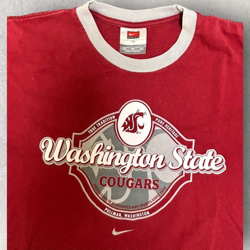 VTG Nike WASHINGTON STATE COUGARS WSU WAZZU Center Swoosh Red SS Shirt‎ Large XL